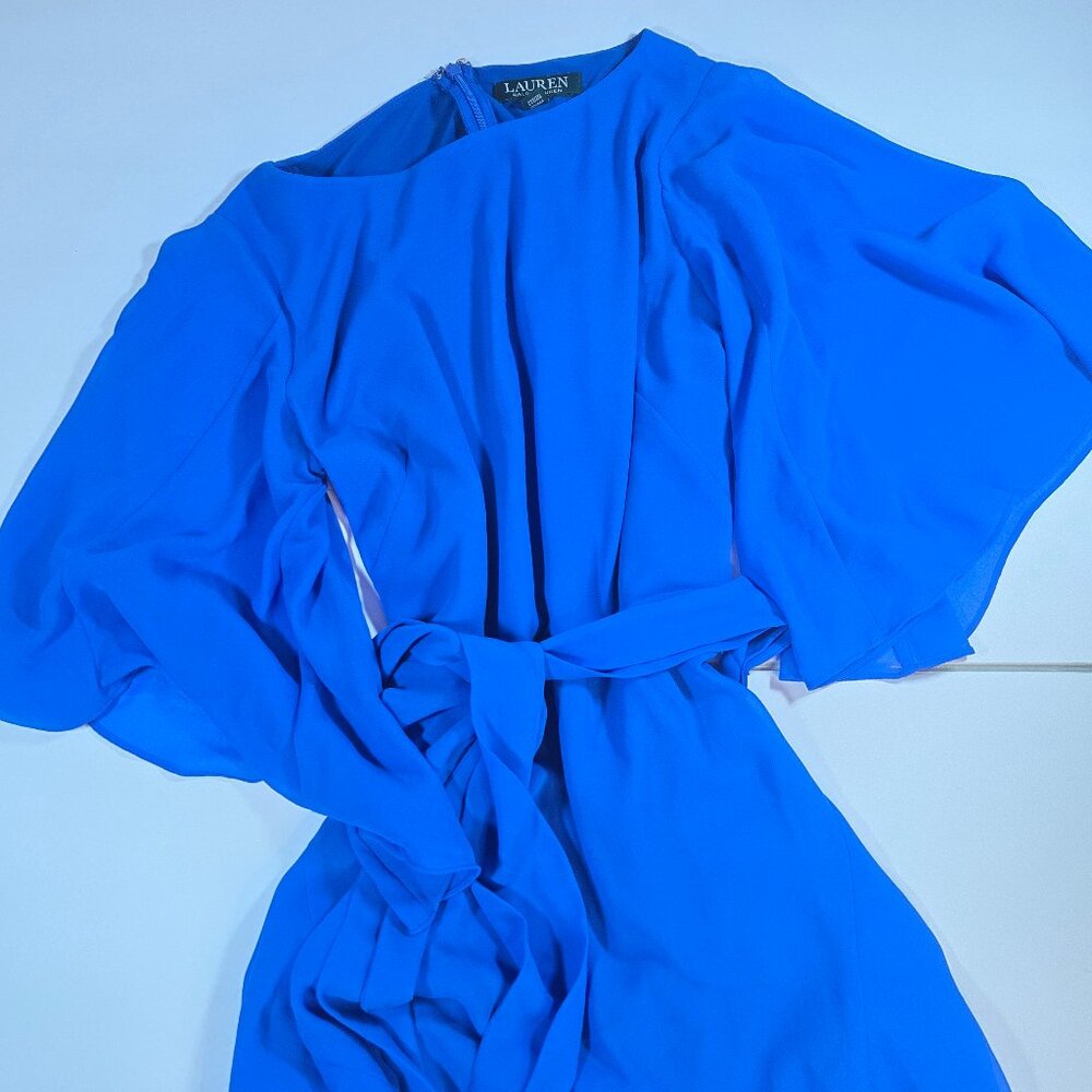 Lauren Ralph Lauren Blue Chiffon Flutter Sleeve Belted Dress Size 2